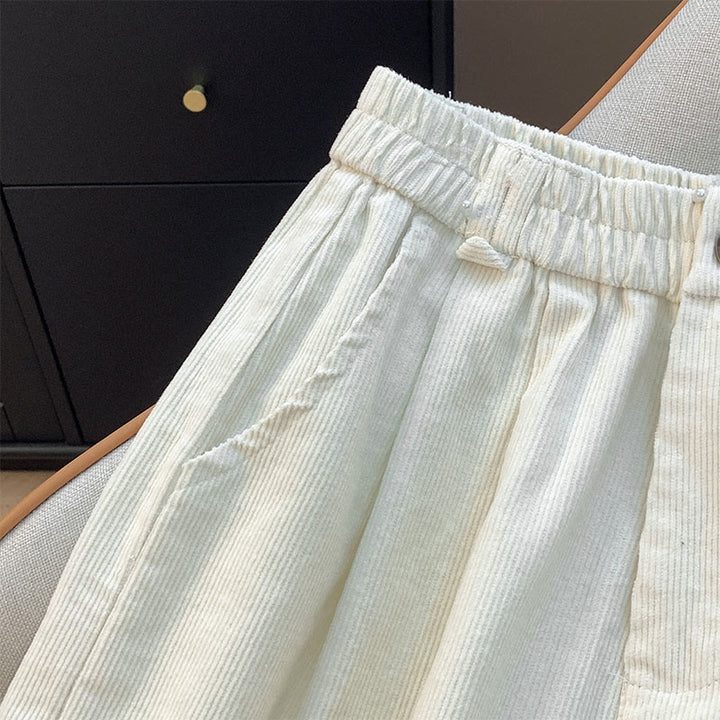 Buddha Stones Plain Elastic Waistband Design Women's Wide Leg Corduroy Cotton Pants With Pockets - image 8