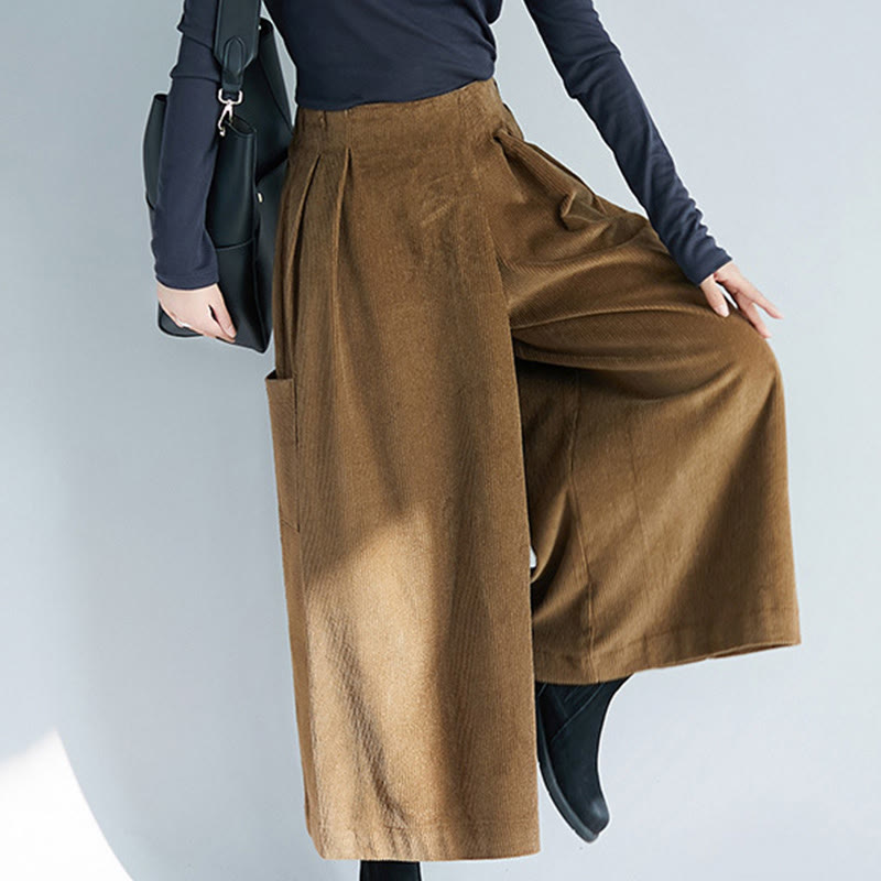 Buddha Stones Women's Plain Side Zipper Design Wide Leg Corduroy 7-8 Length Pants With Pockets - image 4