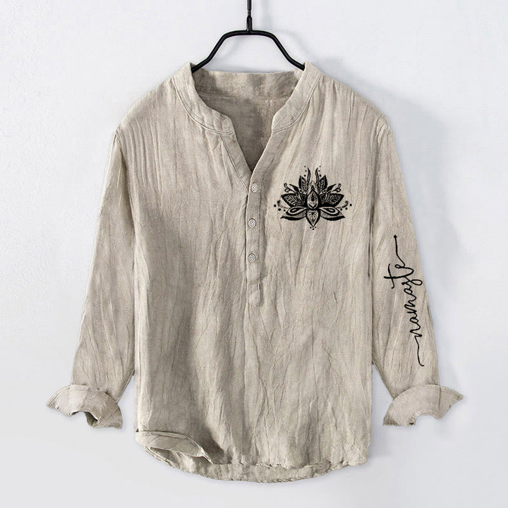 Buddha Stones Lotus Pattern Half Buttons Men's Cotton Linen Long Sleeve Shirt - Linen - US/UK/AU50，EU60 (5XL) - image 0