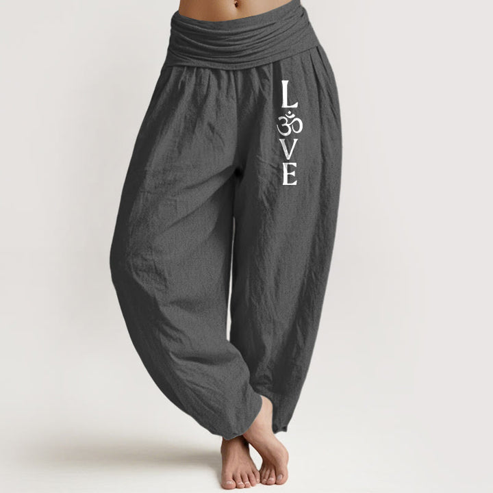 Buddha Stones Plain Om Symbol Pattern Women's Elastic Waist Harem Pure Cotton Pants - DimGray - US22，UK/AU26，EU54 (6XL) - image 0