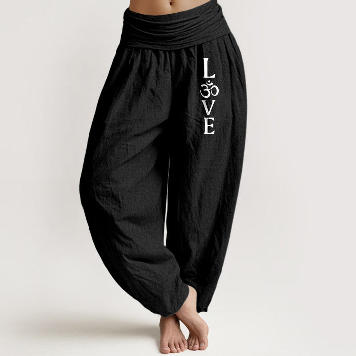 Buddha Stones Plain Om Symbol Pattern Women's Elastic Waist Harem Pure Cotton Pants - Black - US22，UK/AU26，EU54 (6XL) - image 5