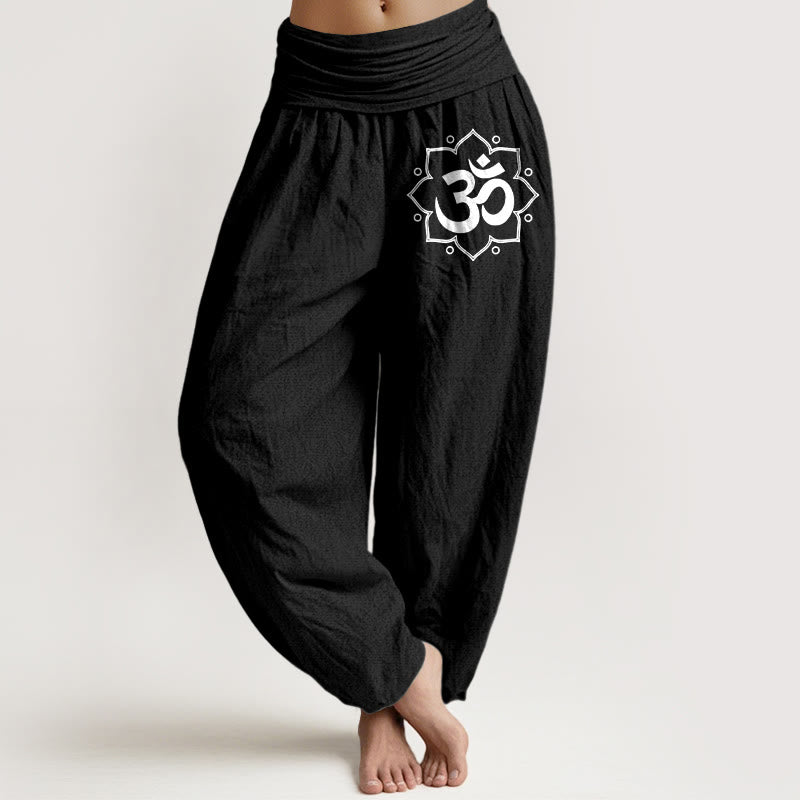 Buddha Stones Pure Cotton Plain Mandala Om Symbol Pattern Women's Elastic Waist Harem Pants - Black - US22，UK/AU26，EU54 (6XL) - image 5