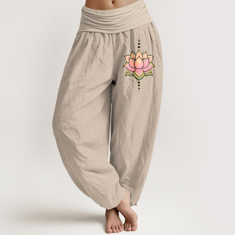 Buddha Stones Pure Cotton Pink Lotus Flower Pattern Women's Elastic Waist Harem Pants - Tan - US22，UK/AU26，EU54 (6XL) - image 0
