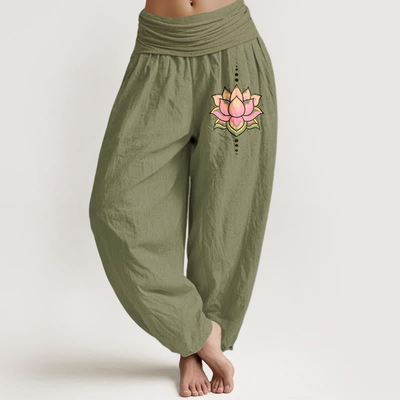 Buddha Stones Pure Cotton Pink Lotus Flower Pattern Women's Elastic Waist Harem Pants - OliveDrab - US22，UK/AU26，EU54 (6XL) - image 14