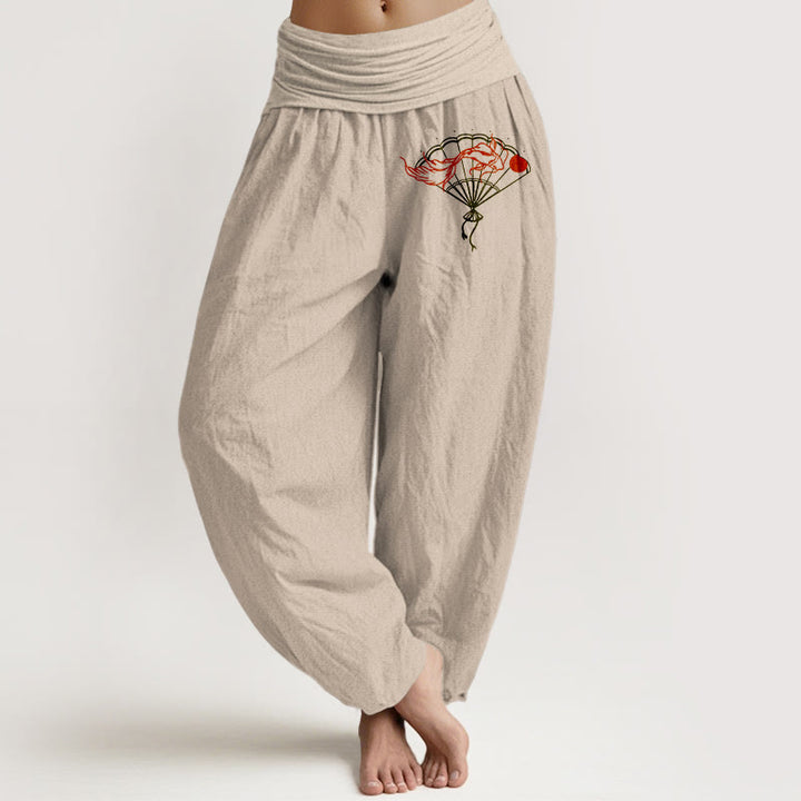 Buddha Stones Fan Red Fish Pattern Women's Elastic Waist Harem Pure Cotton Pants - Tan - US22，UK/AU26，EU54 (6XL) - image 14