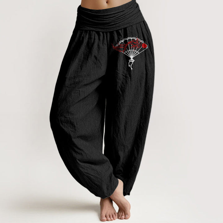 Buddha Stones Fan Red Fish Pattern Women's Elastic Waist Harem Pure Cotton Pants - Black - US22，UK/AU26，EU54 (6XL) - image 5