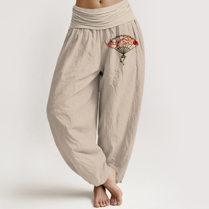 Buddha Stones Fan Red Fish Pattern Women's Elastic Waist Harem Pure Cotton Pants - Tan - US22，UK/AU26，EU54 (6XL) - image 14