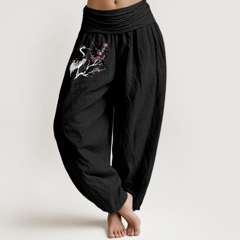 Buddha Stones Crane Blooming Branches Pattern Women's Elastic Waist Harem Pure Cotton Pants - Black - US22，UK/AU26，EU54 (6XL) - image 5