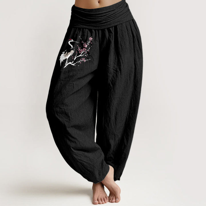 Buddha Stones Crane Blooming Branches Pattern Women's Elastic Waist Harem Pure Cotton Pants - Black - US22，UK/AU26，EU54 (6XL) - image 5