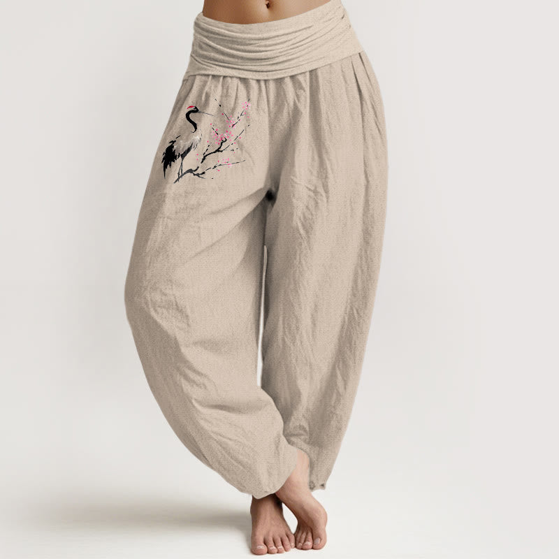 Buddha Stones Crane Blooming Branches Pattern Women's Elastic Waist Harem Pure Cotton Pants - Tan - US22，UK/AU26，EU54 (6XL) - image 11