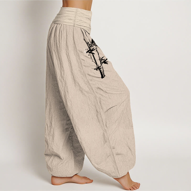 Buddha Stones Bamboo Leaves Red Sun Pattern Women's Elastic Waist Harem Pure Cotton Pants - image 15