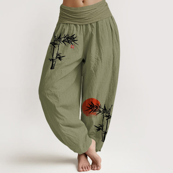 Buddha Stones Bamboo Leaves Red Sun Pattern Women's Elastic Waist Harem Pure Cotton Pants - OliveDrab - US22，UK/AU26，EU54 (6XL) - image 0