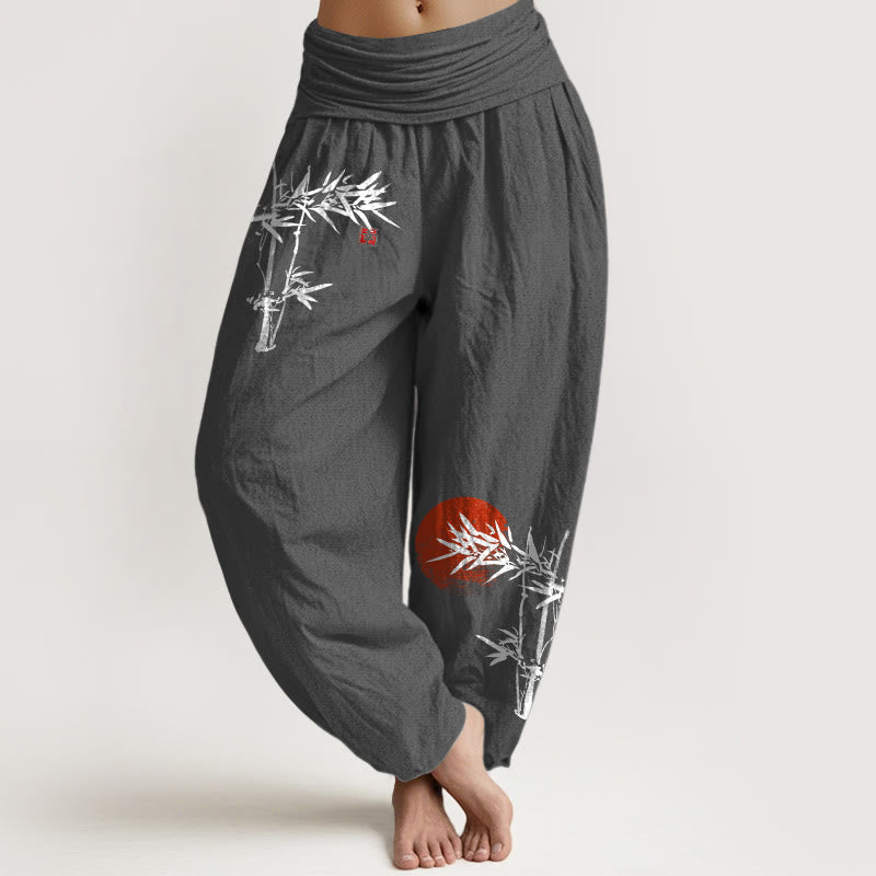 Buddha Stones Bamboo Leaves Red Sun Pattern Women's Elastic Waist Harem Pure Cotton Pants - DimGray - US22，UK/AU26，EU54 (6XL) - image 11