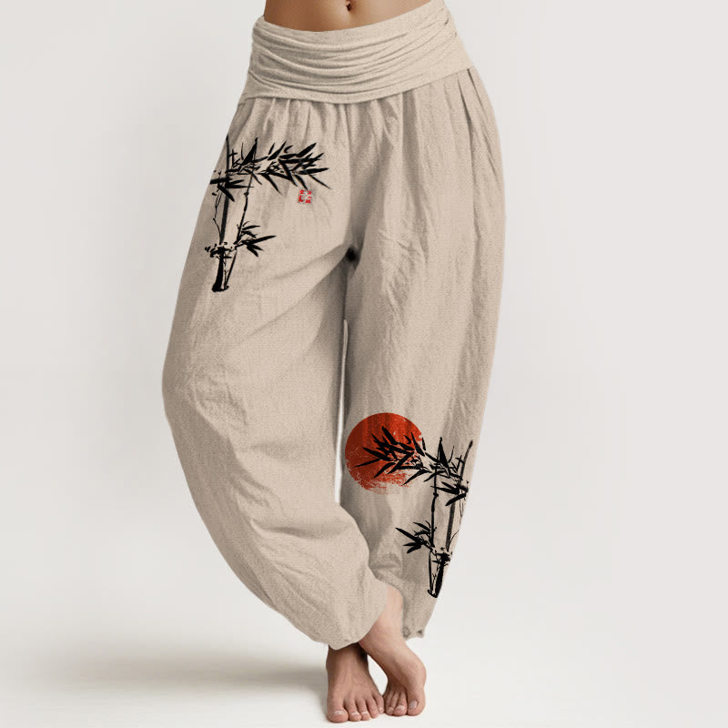 Buddha Stones Bamboo Leaves Red Sun Pattern Women's Elastic Waist Harem Pure Cotton Pants - Tan - US22，UK/AU26，EU54 (6XL) - image 14