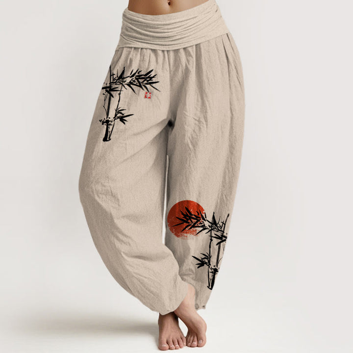 Buddha Stones Bamboo Leaves Red Sun Pattern Women's Elastic Waist Harem Pure Cotton Pants - Tan - US22，UK/AU26，EU54 (6XL) - image 14