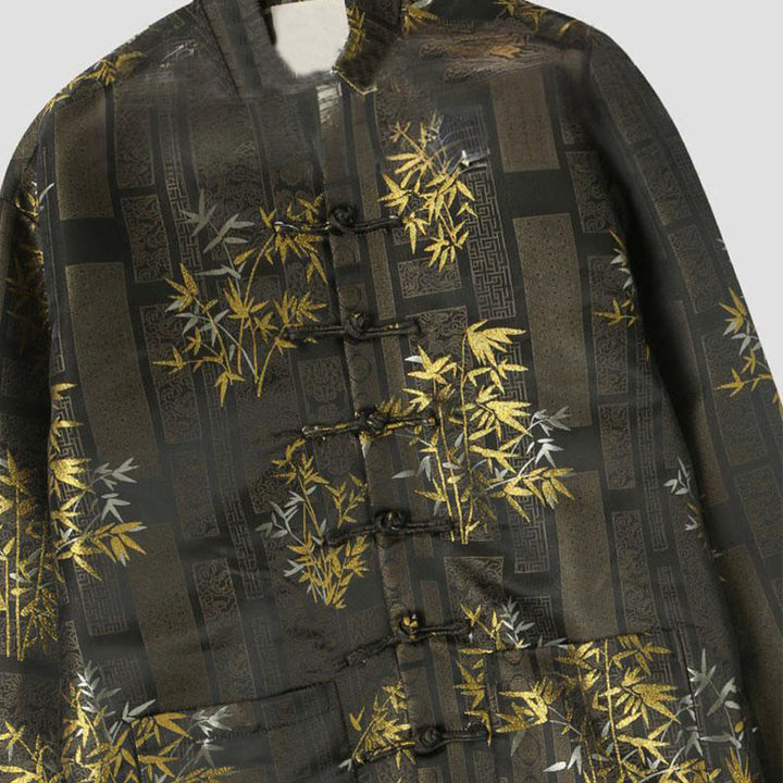Buddha Stones Golden Bamboo Jacquard Frog-Button Long Sleeve Men's Jacket With Pockets - image 2