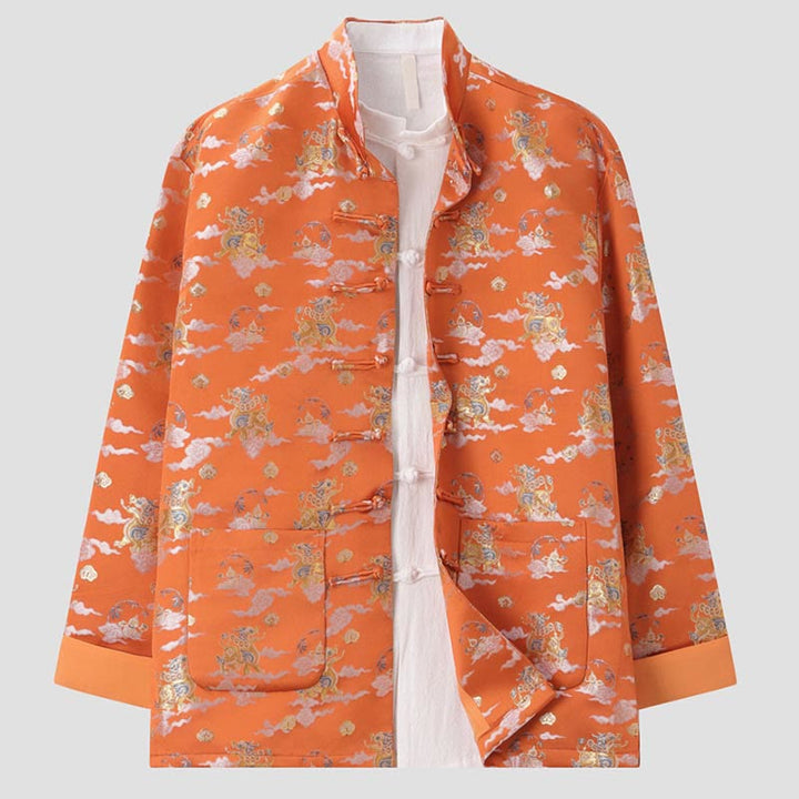 Buddha Stones Orange Kirin Auspicious Clouds Frog-Button Long Sleeve Men's Jacket With Pockets - image 2