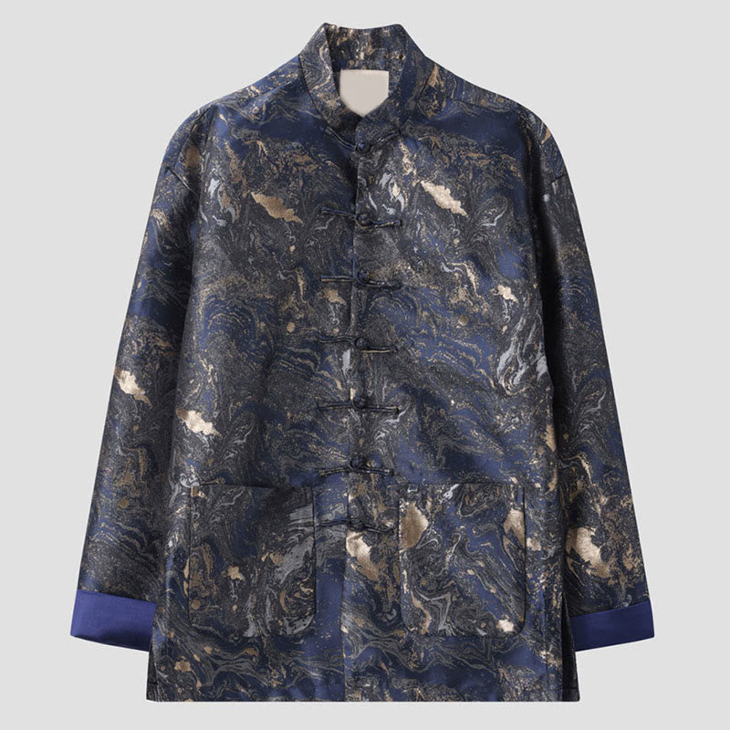 Buddha Stones Blue Flowing Water Mountains Frog-Button Long Sleeve Men's Jacket With Pockets - image 1