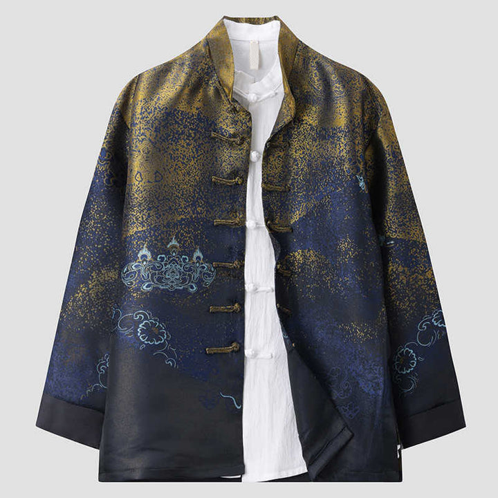 Buddha Stones Golden Desert Blue Flowers Frog-Button Long Sleeve Men's Jacket With Pockets - image 2