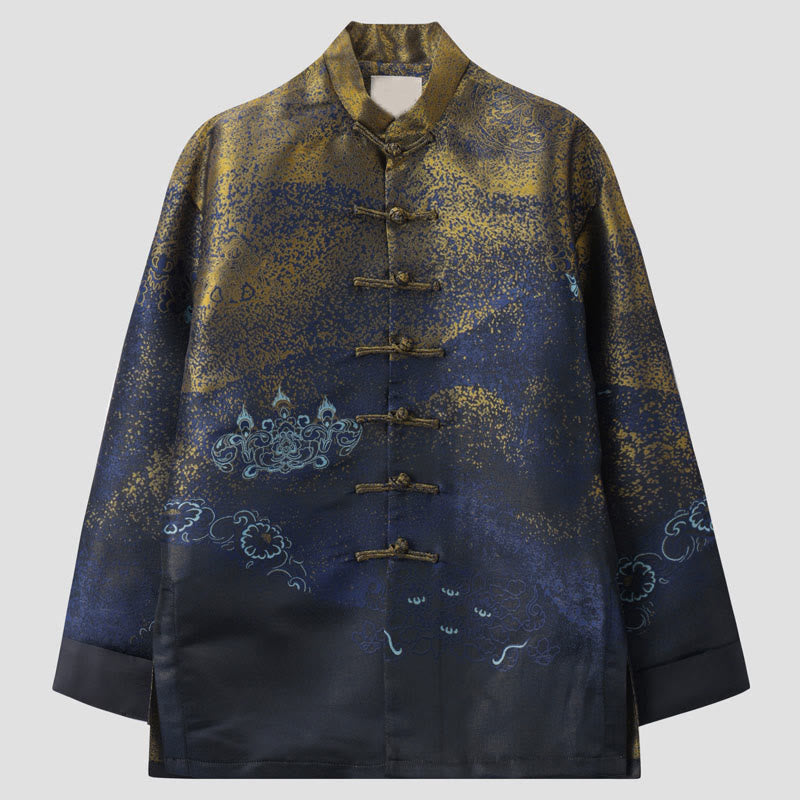 Buddha Stones Golden Desert Blue Flowers Frog-Button Long Sleeve Men's Jacket With Pockets - SteelBlue - US/UK/AU44，EU54 (4XL) - image 0