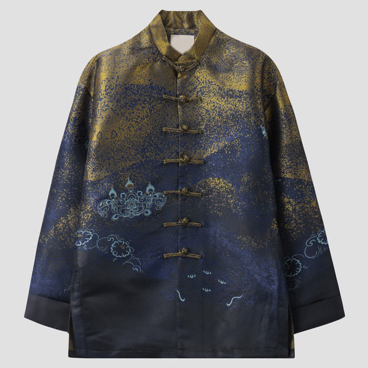 Buddha Stones Golden Desert Blue Flowers Frog-Button Long Sleeve Men's Jacket With Pockets - SteelBlue - US/UK/AU44，EU54 (4XL) - image 0