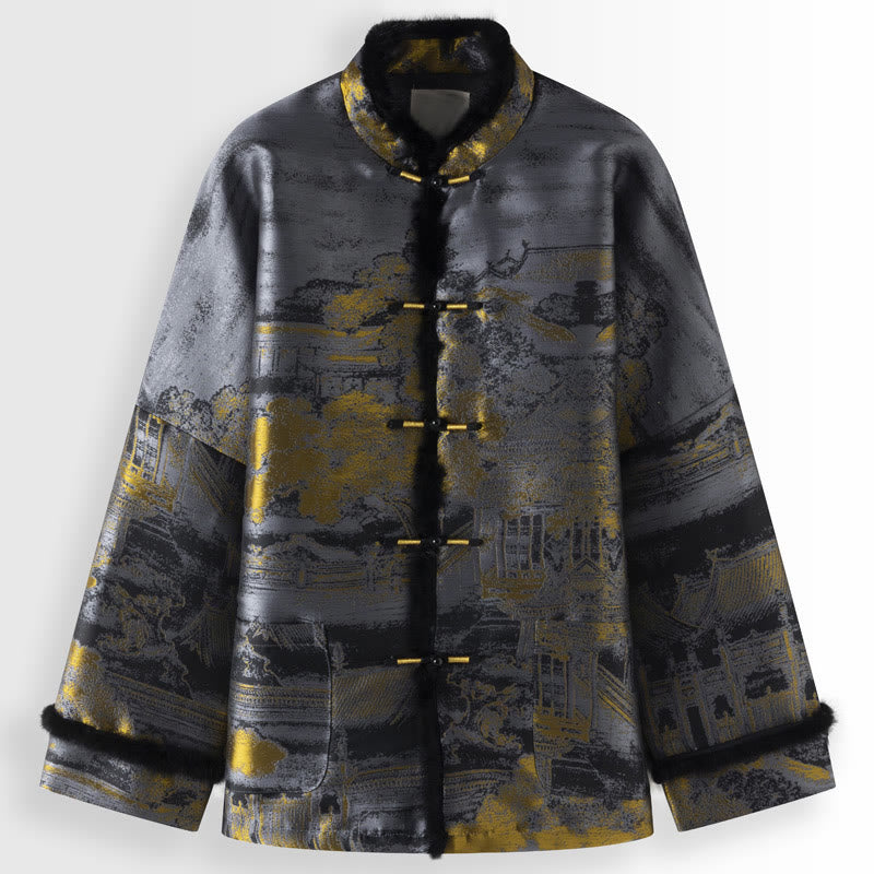 Buddha Stones Ancient Buildings Trees Frog-Button Long Sleeve Men's Jacket With Pockets - Gray - US/UK/AU44，EU54 (4XL) - image 0