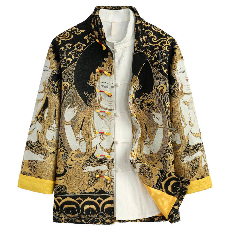 Buddha Stones Avalokitesvara Guanyin Frog-Button Long Sleeve Men's Jacket - Linen - US/UK/AU44，EU54 (4XL) - image 0