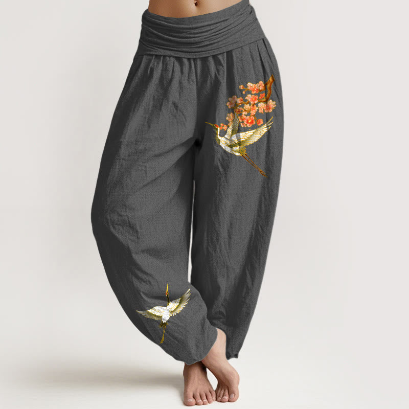 Buddha Stones Plain Crane Peach Blossom Pattern Women's Elastic Waist Harem Pure Cotton Pants - DimGray - US22，UK/AU26，EU54 (6XL) - image 8