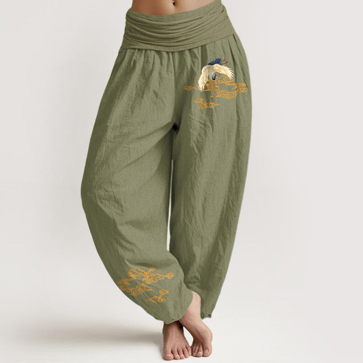 Buddha Stones Plain Crane Auspicious Clouds Pattern Women's Elastic Waist Harem Cotton Pants - OliveDrab - US22，UK/AU26，EU54 (6XL) - image 14