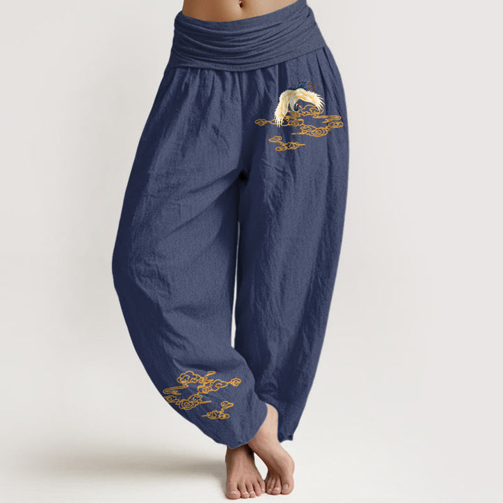 Buddha Stones Plain Crane Auspicious Clouds Pattern Women's Elastic Waist Harem Cotton Pants - DarkSlateBlue - US22，UK/AU26，EU54 (6XL) - image 8