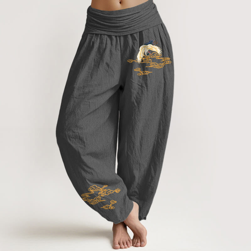 Buddha Stones Plain Crane Auspicious Clouds Pattern Women's Elastic Waist Harem Cotton Pants - DimGray - US22，UK/AU26，EU54 (6XL) - image 0