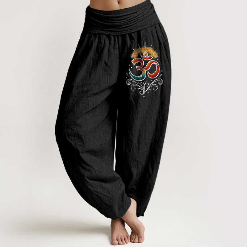 Buddha Stones Om Symbol Light Pattern Women's Elastic Waist Harem Cotton Pants - Black - US22，UK/AU26，EU54 (6XL) - image 5