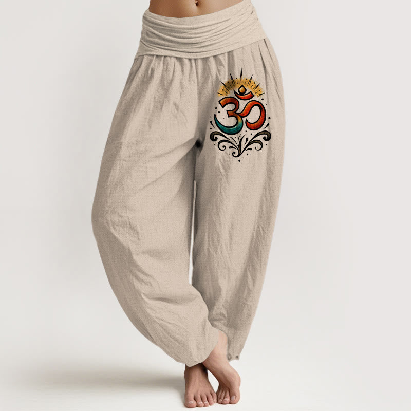 Buddha Stones Om Symbol Light Pattern Women's Elastic Waist Harem Cotton Pants - Tan - US22，UK/AU26，EU54 (6XL) - image 0