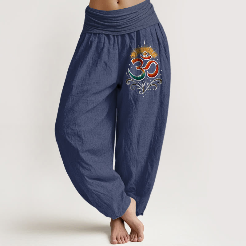 Buddha Stones Om Symbol Light Pattern Women's Elastic Waist Harem Cotton Pants - DarkSlateBlue - US22，UK/AU26，EU54 (6XL) - image 8