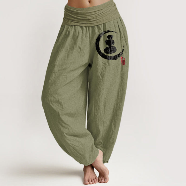 Buddha Stones Ensō Circle Stacked Stones Pattern Women's Elastic Waist Harem Cotton Pants - OliveDrab - US22，UK/AU26，EU54 (6XL) - image 0