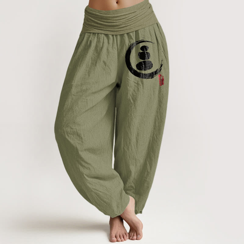 Buddha Stones Ensō Circle Stacked Stones Pattern Women's Elastic Waist Harem Cotton Pants - OliveDrab - US22，UK/AU26，EU54 (6XL) - image 0