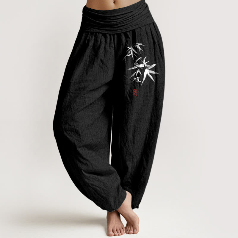 Buddha Stones Pure Cotton Bamboo Zen Pattern Women's Elastic Waist Harem Pants - Black - US22，UK/AU26，EU54 (6XL) - image 5