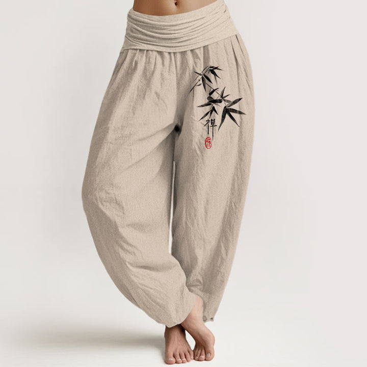 Buddha Stones Pure Cotton Bamboo Zen Pattern Women's Elastic Waist Harem Pants - Tan - US22，UK/AU26，EU54 (6XL) - image 0