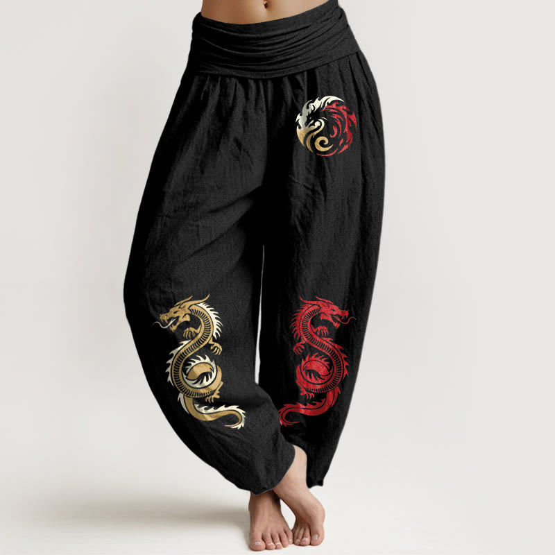 Buddha Stones Pure Cotton Dragon Pattern Women's Elastic Waist Harem Pants - Black - US22，UK/AU26，EU54 (6XL) - image 0