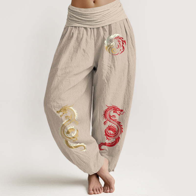 Buddha Stones Pure Cotton Dragon Pattern Women's Elastic Waist Harem Pants - Tan - US22，UK/AU26，EU54 (6XL) - image 11