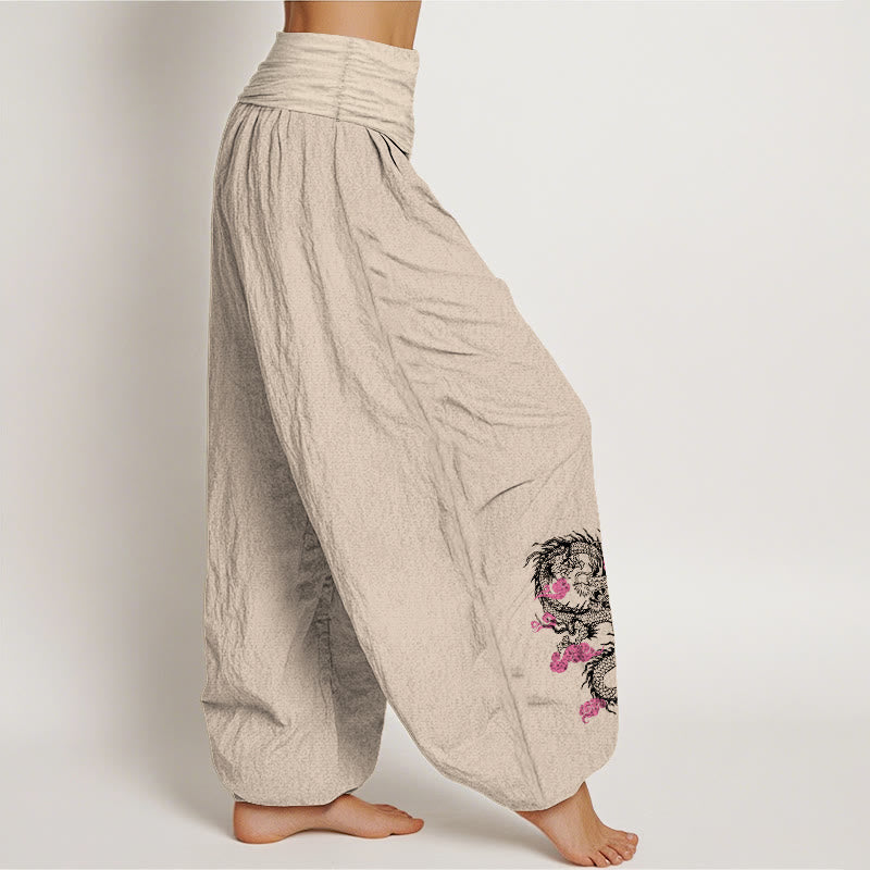 Buddha Stones Dragon Auspicious Clouds Flower Pattern Women's Elastic Waist Harem Cotton Pants - image 12