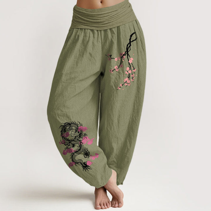 Buddha Stones Dragon Auspicious Clouds Flower Pattern Women's Elastic Waist Harem Cotton Pants - OliveDrab - US22，UK/AU26，EU54 (6XL) - image 14