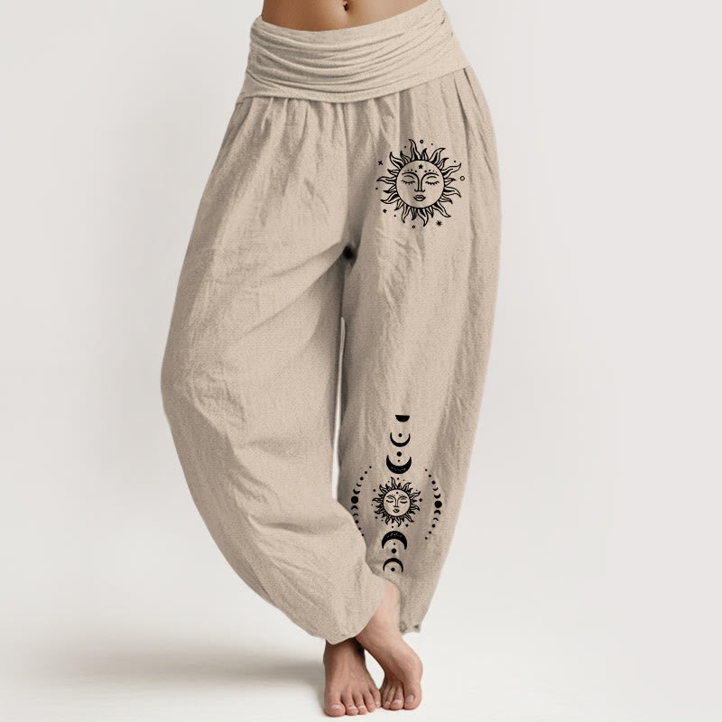 Buddha Stones Sun Moon Stars Pattern Women's Elastic Waist Harem Pure Cotton Pants - Tan - US22，UK/AU26，EU54 (6XL) - image 11