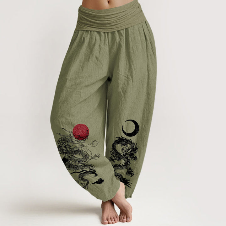Buddha Stones Pure Cotton Dragon Sun Moon Pattern Women's Elastic Waist Harem Pants - OliveDrab - US22，UK/AU26，EU54 (6XL) - image 14
