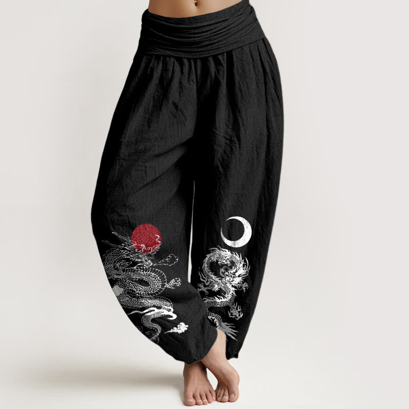 Buddha Stones Pure Cotton Dragon Sun Moon Pattern Women's Elastic Waist Harem Pants - Black - US22，UK/AU26，EU54 (6XL) - image 0