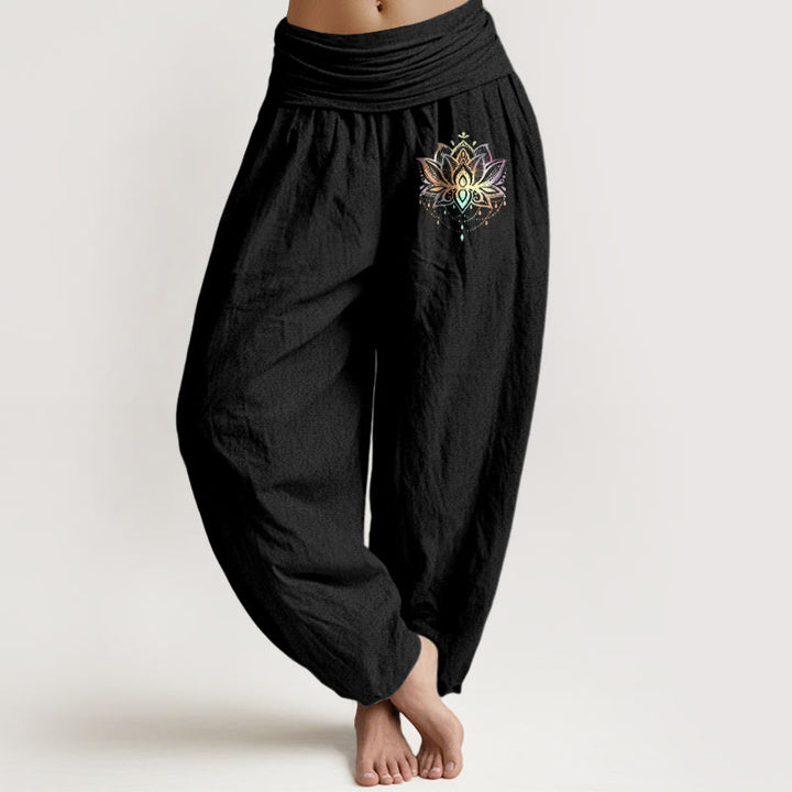 Buddha Stones Pure Cotton Rainbow-colored Lotus Pattern Women's Elastic Waist Harem Pants - Black - US22，UK/AU26，EU54 (6XL) - image 5