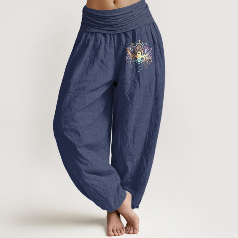 Buddha Stones Pure Cotton Rainbow-colored Lotus Pattern Women's Elastic Waist Harem Pants - DarkSlateBlue - US22，UK/AU26，EU54 (6XL) - image 0