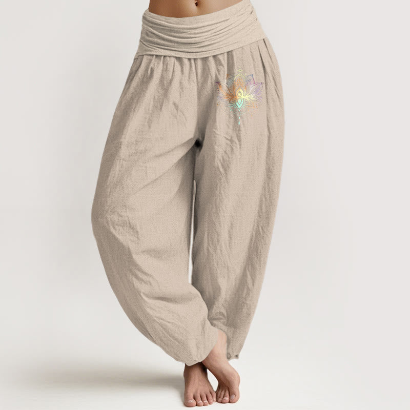 Buddha Stones Pure Cotton Rainbow-colored Lotus Pattern Women's Elastic Waist Harem Pants - Tan - US22，UK/AU26，EU54 (6XL) - image 11
