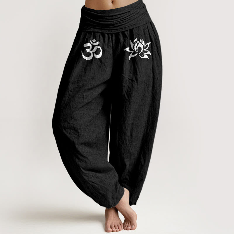 Buddha Stones Solid Color Pure Cotton Lotus Om Symbol Pattern Women's Elastic Waist Harem Pants - Black - US22，UK/AU26，EU54 (6XL) - image 5