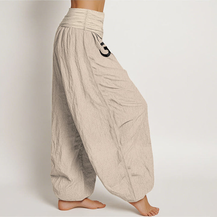 Buddha Stones Solid Color Pure Cotton Lotus Om Symbol Pattern Women's Elastic Waist Harem Pants - image 12